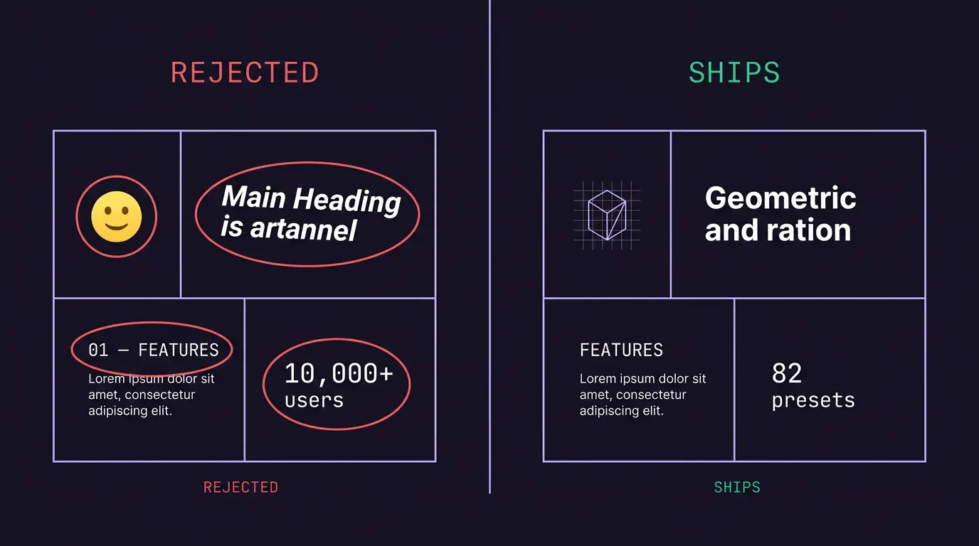 Side-by-side comparison: a section with an emoji icon, an italic heading, an ordinal label and an invented statistic marked rejected; the corrected section with a drawn icon, an upright heading and a verifiable count marked as shipping